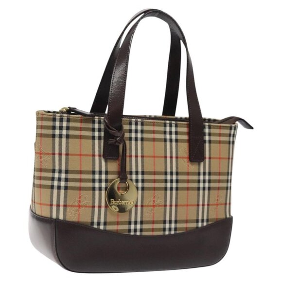Burberrys Nova Check Hand Bag Canvas Beige Gold Auth am8237 - Picture 1 of 16